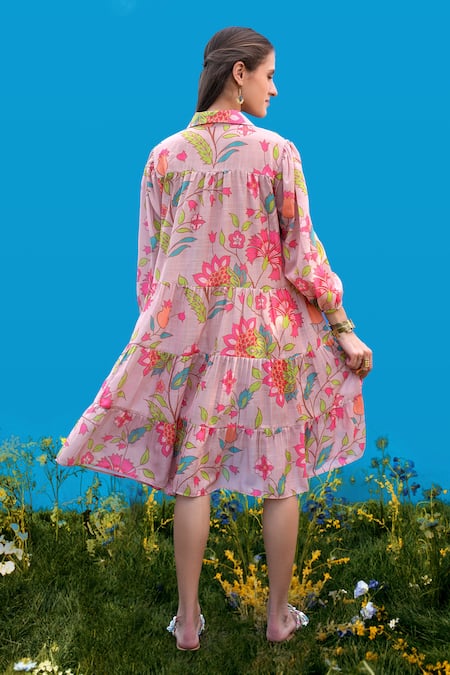 Shop_Sajeda A Lehry_Pink Cotton Embroidery Collared Hand Floral Dress _at_Aza_Fashions