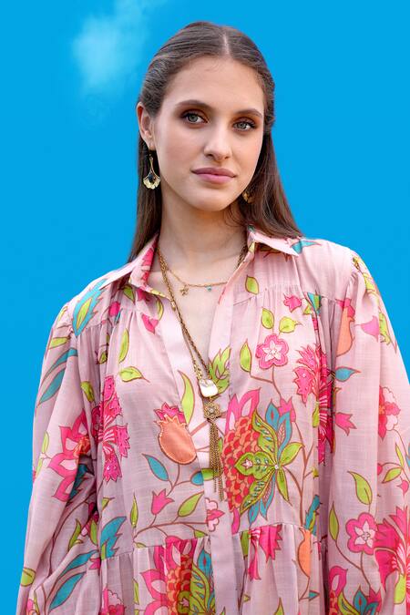 Sajeda A Lehry_Pink Cotton Embroidery Collared Hand Floral Dress _Online_at_Aza_Fashions