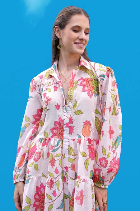 Sajeda A Lehry_Ivory Cotton Embroidery Collared Hand Floral Dress _Online_at_Aza_Fashions
