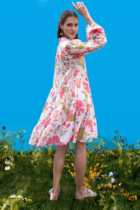 Shop_Sajeda A Lehry_Ivory Cotton Embroidery Collared Hand Floral Dress _at_Aza_Fashions