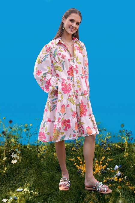 Buy_Sajeda A Lehry_Ivory Cotton Embroidery Collared Hand Floral Dress _Online_at_Aza_Fashions