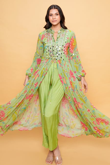 Buy Sajeda A Lehry Green Georgette Sequins Collared Floral Hand Embroidered Kurta Set Online at Aza Fashions Buy_Sajeda A Lehry_Green Georgette Sequins Collared Floral Hand Embroidered Kurta Set _Online_at_Aza_Fashions