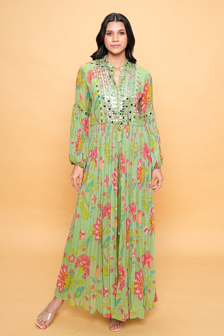 Sajeda A Lehry Green Georgette Sequins Collared Floral Hand Embroidered Kurta Set 