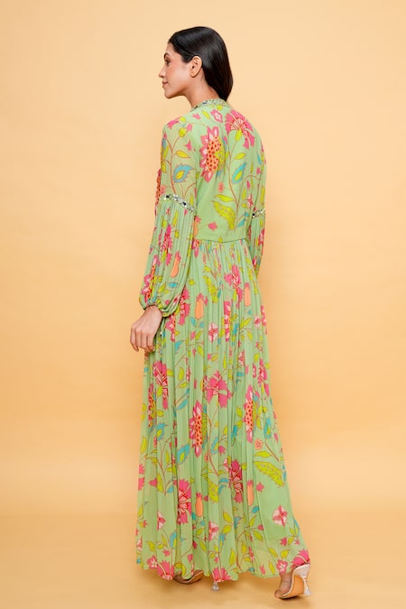 Shop Sajeda A Lehry Green Georgette Sequins Collared Floral Hand Embroidered Kurta Set at Aza Fashions Shop_Sajeda A Lehry_Green Georgette Sequins Collared Floral Hand Embroidered Kurta Set _at_Aza_Fashions