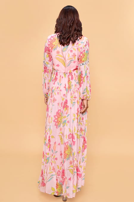 Shop Sajeda A Lehry Pink Georgette Embroidery, Sequins Collared Hand Floral Kurta And Pant Set at Aza Fashions Shop_Sajeda A Lehry_Pink Georgette Embroidery, Sequins Collared Hand Floral Kurta And Pant Set _at_Aza_Fashions