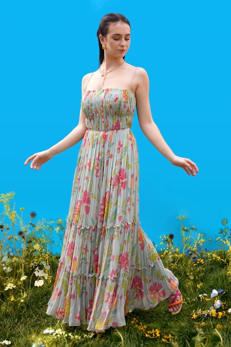 Sajeda A Lehry Aqua Georgette Eva Digital Print Dress 