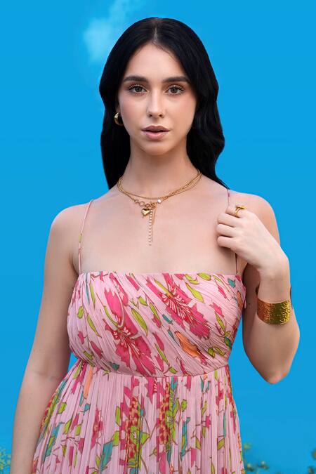 Sajeda A Lehry Pink Georgette Open Neck Floral Digital Print Dress Online at Aza Fashions Sajeda A Lehry_Pink Georgette Open Neck Floral Digital Print Dress _Online_at_Aza_Fashions