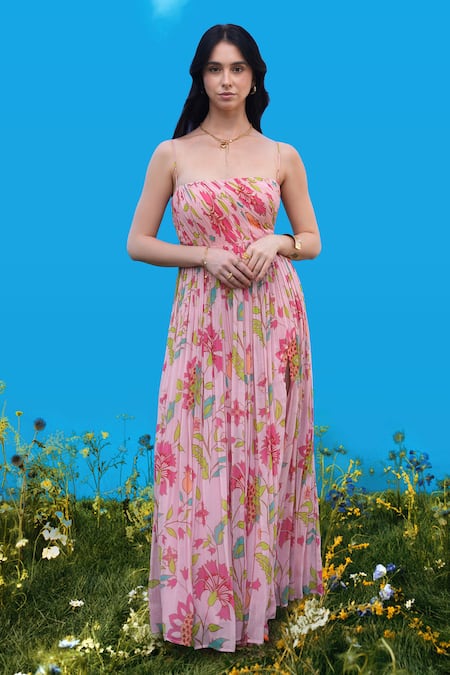 Sajeda A Lehry Pink Georgette Open Neck Floral Digital Print Dress 