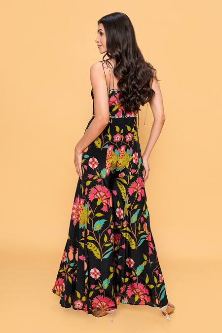 Shop Sajeda A Lehry Black Silk, Crepe Embroidery Scoop Neck Floral Hand Jumpsuit at Aza Fashions Shop_Sajeda A Lehry_Black Silk, Crepe Embroidery Scoop Neck Floral Hand Jumpsuit _at_Aza_Fashions