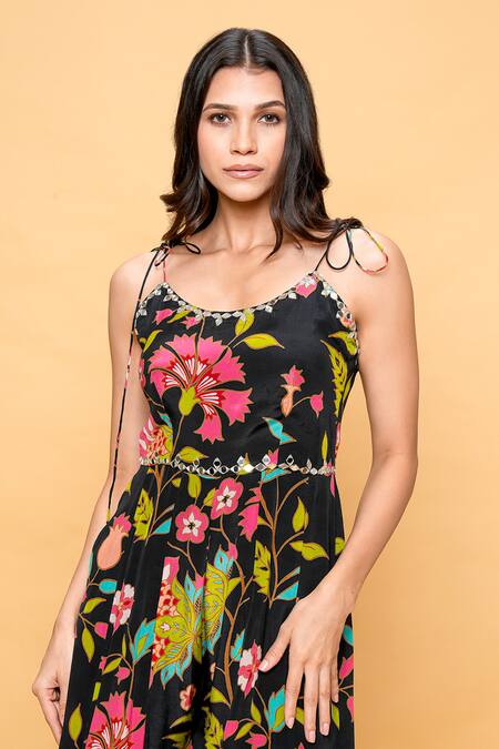 Sajeda A Lehry Black Silk, Crepe Embroidery Scoop Neck Floral Hand Jumpsuit Online at Aza Fashions Sajeda A Lehry_Black Silk, Crepe Embroidery Scoop Neck Floral Hand Jumpsuit _Online_at_Aza_Fashions
