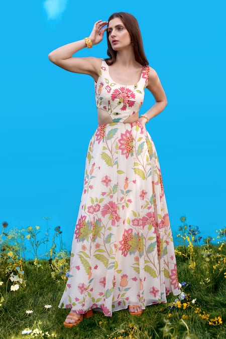 Sajeda A Lehry Ivory Silk, Crepe Embroidery Round Neck Hand Floral Cutout Dress 
