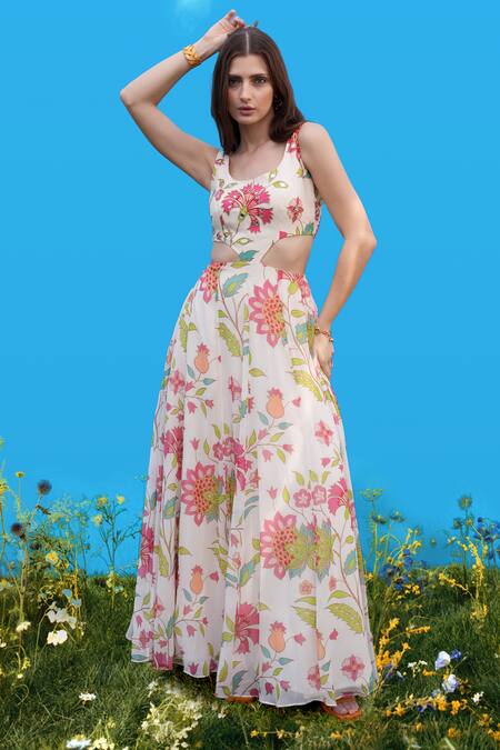 Buy_Sajeda A Lehry_Ivory Silk, Crepe Embroidery Round Neck Hand Floral Cutout Dress _Online_at_Aza_Fashions