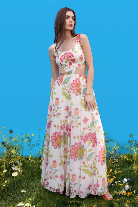 Shop_Sajeda A Lehry_Ivory Silk, Crepe Embroidery Round Neck Hand Floral Cutout Dress _Online_at_Aza_Fashions