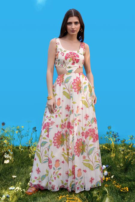 Sajeda A Lehry_Ivory Silk, Crepe Embroidery Round Neck Hand Floral Cutout Dress _at_Aza_Fashions