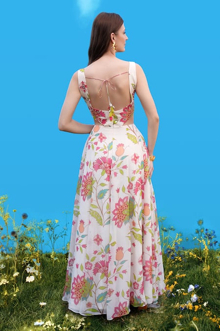 Shop_Sajeda A Lehry_Ivory Silk, Crepe Embroidery Round Neck Hand Floral Cutout Dress _at_Aza_Fashions