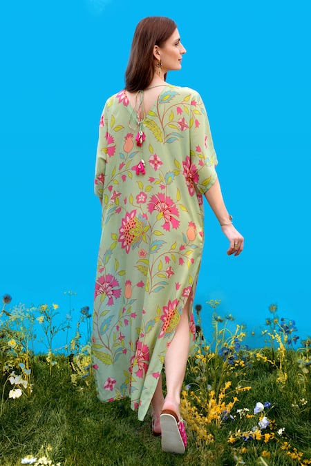 Shop_Sajeda A Lehry_Green Silk, Crepe Embroidery V-neck Hand Pista Kaftan _at_Aza_Fashions