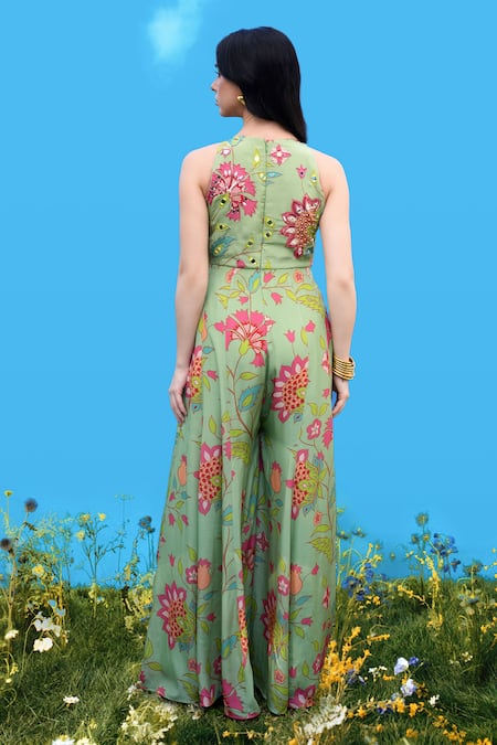 Shop_Sajeda A Lehry_Green Silk, Crepe Embroidery Halter Neck Hand Pista Jumpsuit _at_Aza_Fashions