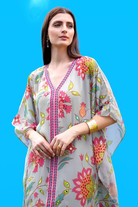 Sajeda A Lehry_Aqua Silk, Crepe Embroidery V-neck Hand Kaftan In Jade _Online_at_Aza_Fashions