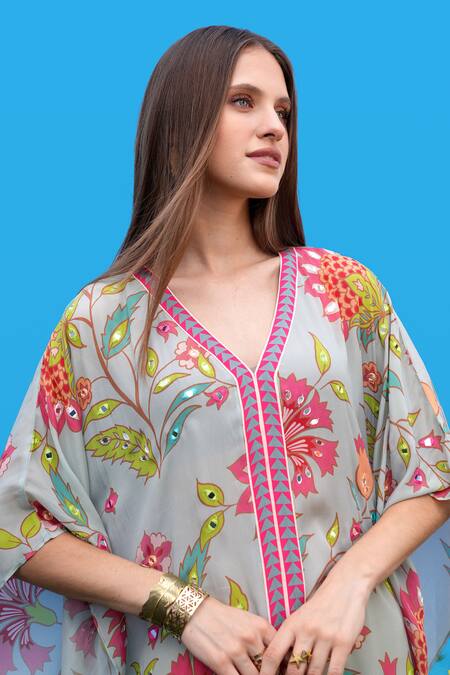 Buy_Sajeda A Lehry_Aqua Silk, Crepe Embroidery V-neck Hand Kaftan In Jade _Online_at_Aza_Fashions