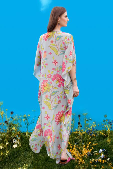 Shop_Sajeda A Lehry_Aqua Silk, Crepe Embroidery V-neck Hand Kaftan In Jade _at_Aza_Fashions