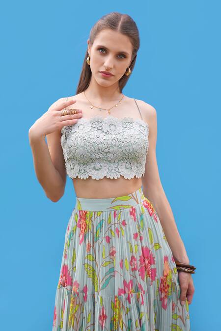 Sajeda A Lehry Aqua Lace, Georgette Embroidery Crew Neck Liana Hand Top And Skirt Set Online at Aza Fashions Sajeda A Lehry_Aqua Lace, Georgette Embroidery Crew Neck Liana Hand Top And Skirt Set _Online_at_Aza_Fashions
