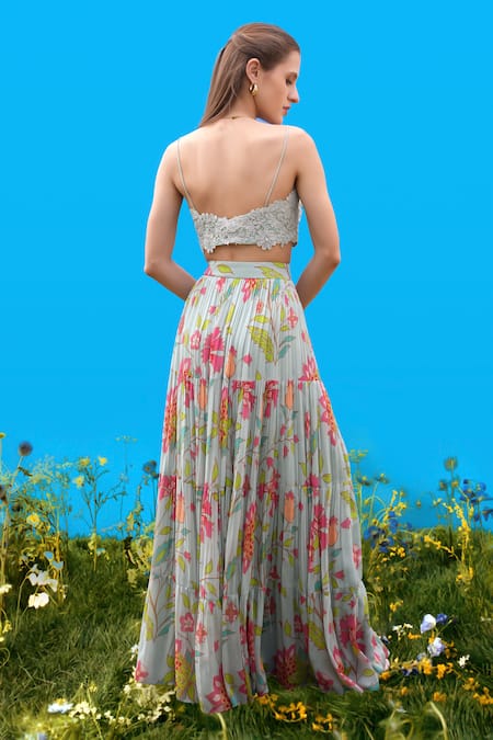 Shop Sajeda A Lehry Aqua Lace, Georgette Embroidery Crew Neck Liana Hand Top And Skirt Set at Aza Fashions Shop_Sajeda A Lehry_Aqua Lace, Georgette Embroidery Crew Neck Liana Hand Top And Skirt Set _at_Aza_Fashions