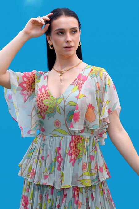 Sajeda A Lehry Aqua Georgette V-neck Digital Print Dress Online at Aza Fashions Sajeda A Lehry_Aqua Georgette V-neck Digital Print Dress _Online_at_Aza_Fashions