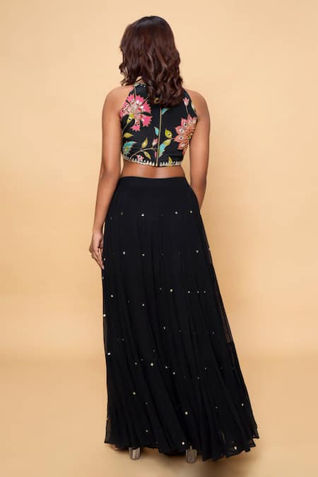 Shop Sajeda A Lehry Black Silk, Crepe Embroidery, Sequins Round Neck Hand Floral Lehenga Set at Aza Fashions Shop_Sajeda A Lehry_Black Silk, Crepe Embroidery, Sequins Round Neck Hand Floral Lehenga Set _at_Aza_Fashions