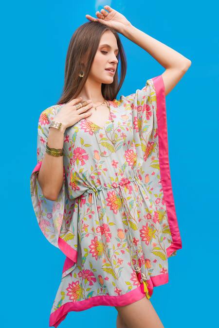 Sajeda A Lehry_Aqua Silk, Crepe V-neck Floral Digital Print Kaftan Dress _Online_at_Aza_Fashions