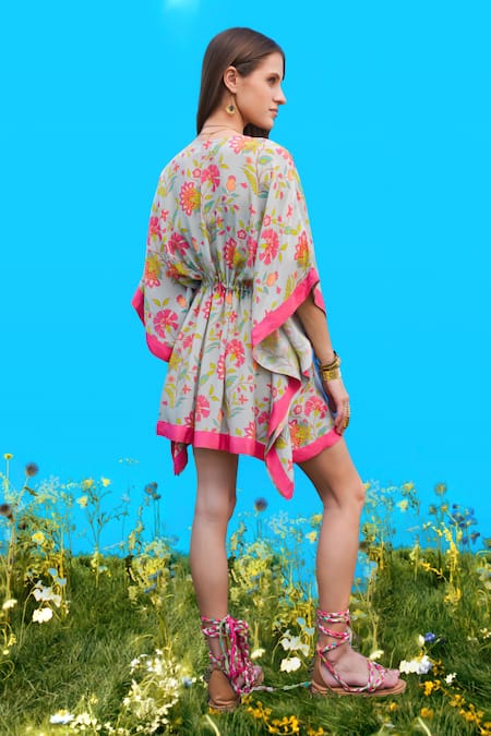 Shop_Sajeda A Lehry_Aqua Silk, Crepe V-neck Floral Digital Print Kaftan Dress _at_Aza_Fashions