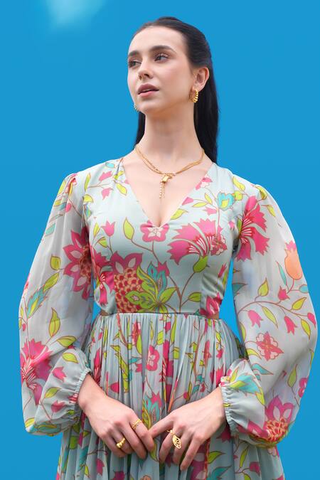Sajeda A Lehry Aqua Georgette V-neck Digital Print Dress Online at Aza Fashions Sajeda A Lehry_Aqua Georgette V-neck Digital Print Dress _Online_at_Aza_Fashions