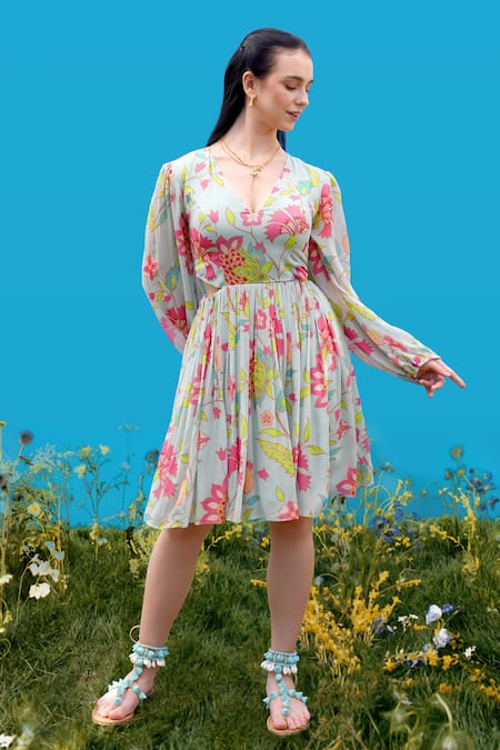 Sajeda A Lehry Aqua Georgette V-neck Digital Print Dress 