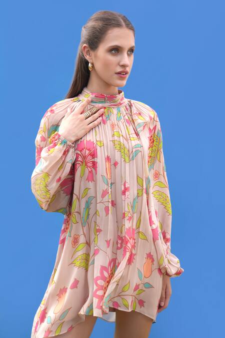 Sajeda A Lehry Beige Georgette Round Neck Floral Print Hand Embroidered Dress Online at Aza Fashions Sajeda A Lehry_Beige Georgette Round Neck Floral Print Hand Embroidered Dress _Online_at_Aza_Fashions