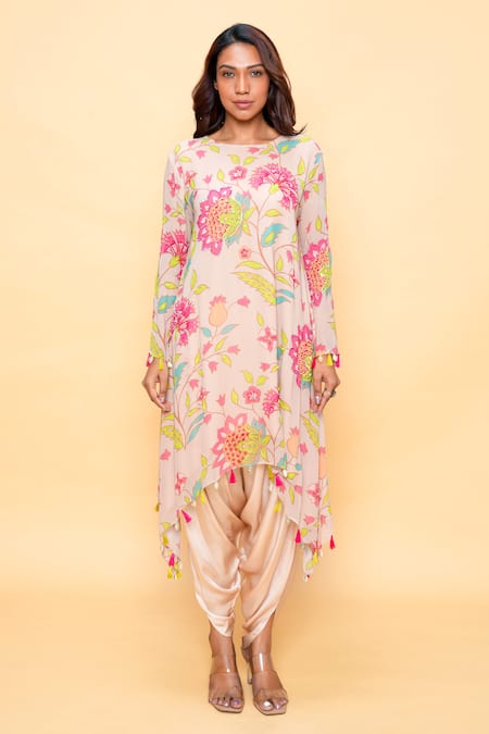 Sajeda A Lehry Beige Georgette Embroidery Round Neck Floral Hand Kurta And Dhoti Pant 