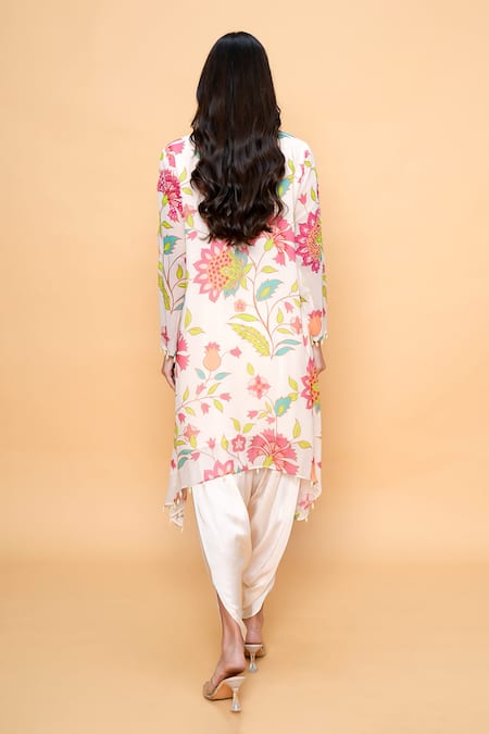 Shop_Sajeda A Lehry_Ivory Georgette Embroidery Round Neck Floral Hand Kurta And Dhoti Set _at_Aza_Fashions