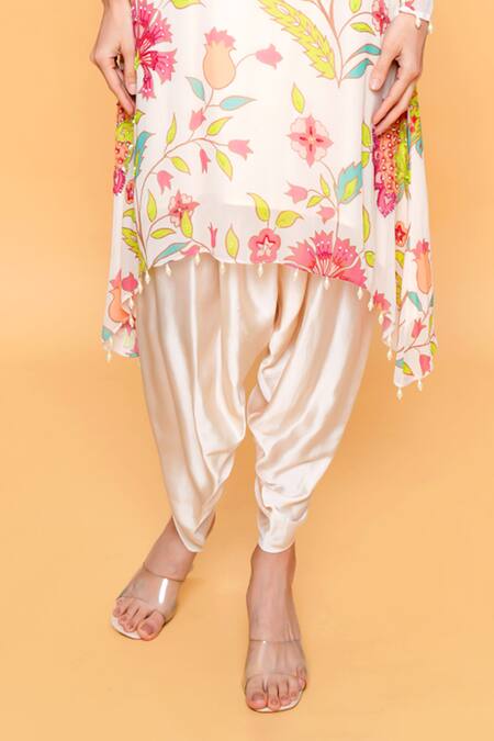 Sajeda A Lehry_Ivory Georgette Embroidery Round Neck Floral Hand Kurta And Dhoti Set _Online_at_Aza_Fashions