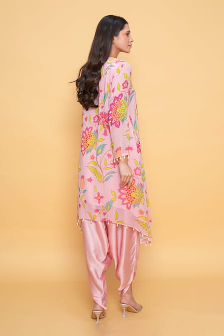 Shop_Sajeda A Lehry_Pink Georgette Embroidery Round Neck Floral Hand Kurta And Dhoti Pant _at_Aza_Fashions