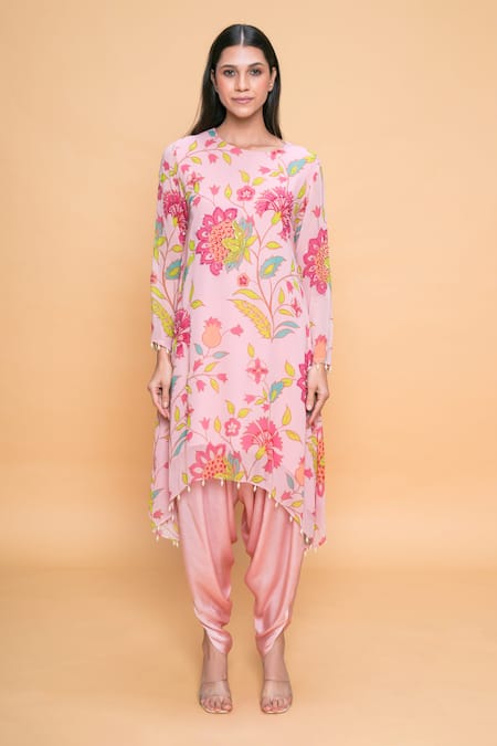 Sajeda A Lehry Pink Georgette Embroidery Round Neck Floral Hand Kurta And Dhoti Pant 