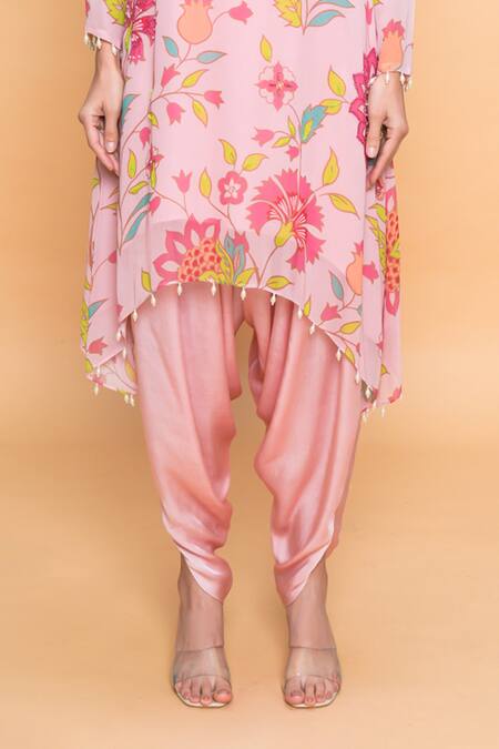 Sajeda A Lehry_Pink Georgette Embroidery Round Neck Floral Hand Kurta And Dhoti Pant _Online_at_Aza_Fashions