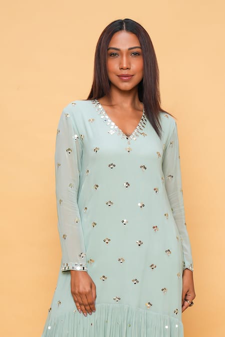Shop_Sajeda A Lehry_Aqua Georgette Embroidery V-neck Hand Kurta Set _at_Aza_Fashions