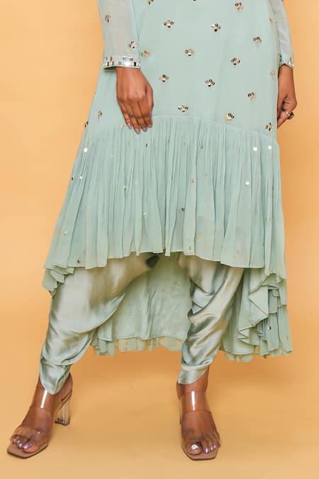 Sajeda A Lehry_Aqua Georgette Embroidery V-neck Hand Kurta Set _Online_at_Aza_Fashions