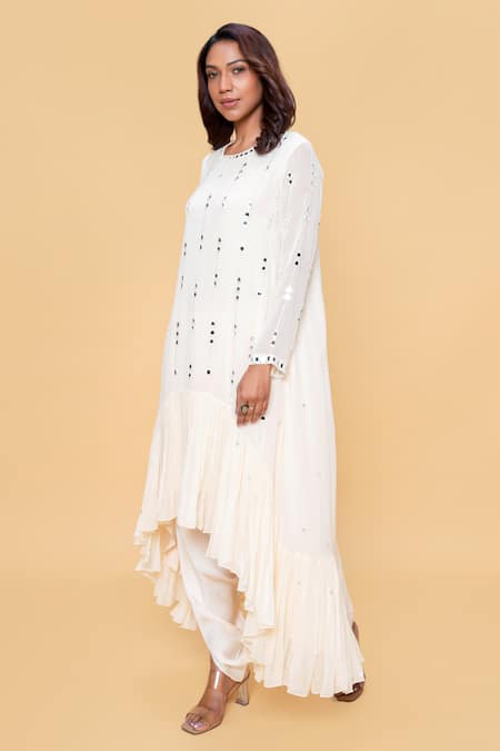 Sajeda A Lehry Ivory Georgette Embroidery, Sequins Round Neck Designer Hand Kurta Set 
