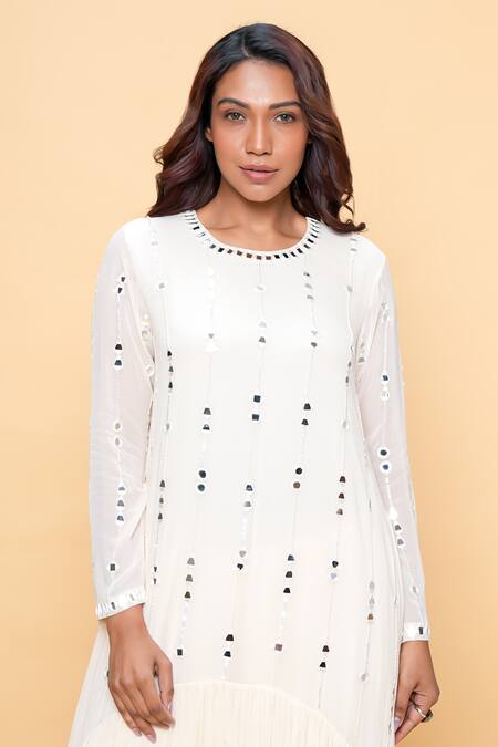 Sajeda A Lehry Ivory Georgette Embroidery, Sequins Round Neck Designer Hand Kurta Set Online at Aza Fashions Sajeda A Lehry_Ivory Georgette Embroidery, Sequins Round Neck Designer Hand Kurta Set _Online_at_Aza_Fashions