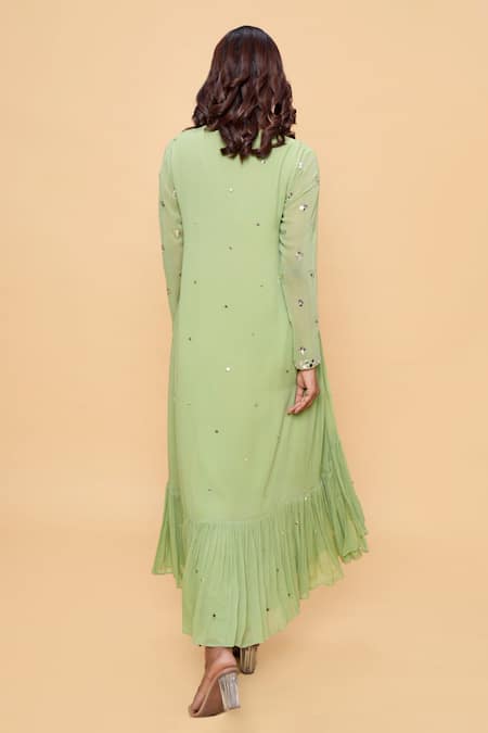Shop_Sajeda A Lehry_Green Georgette Embroidery, Sequins V-neck Hand Pista Kurta Set _at_Aza_Fashions