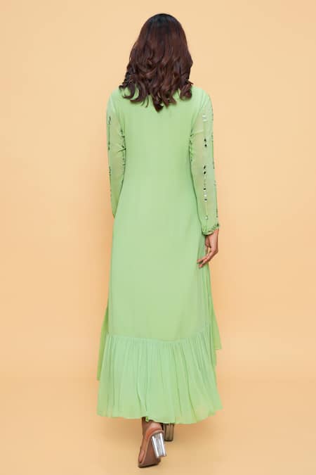 Shop_Sajeda A Lehry_Green Georgette Sequins, Embroidery Round Neck Solid Pista Hand Kurta _at_Aza_Fashions