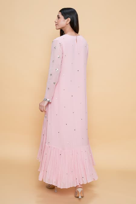 Shop_Sajeda A Lehry_Pink Georgette Embroidery V-neck Rose Hand Kurta Set _at_Aza_Fashions