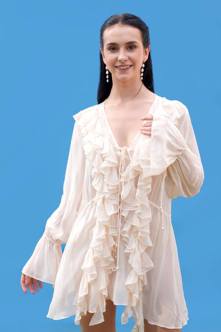Sajeda A Lehry Ruffled Ivory Georgette Dress 