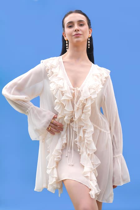 Sajeda A Lehry_Ivory Georgette V-neck Ruffled Dress _Online_at_Aza_Fashions