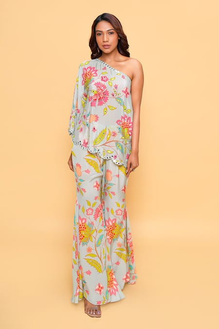 Sajeda A Lehry Aqua Silk, Crepe Lace, Embroidery, Pom-poms Floral Sharara And Short Kurta Set 