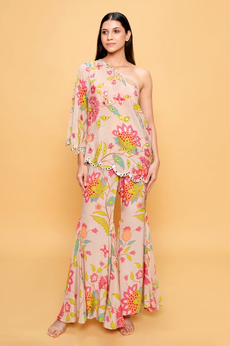 Sajeda A Lehry Beige Silk, Crepe Embroidery Asymmetric Floral Hand Sharara Set 